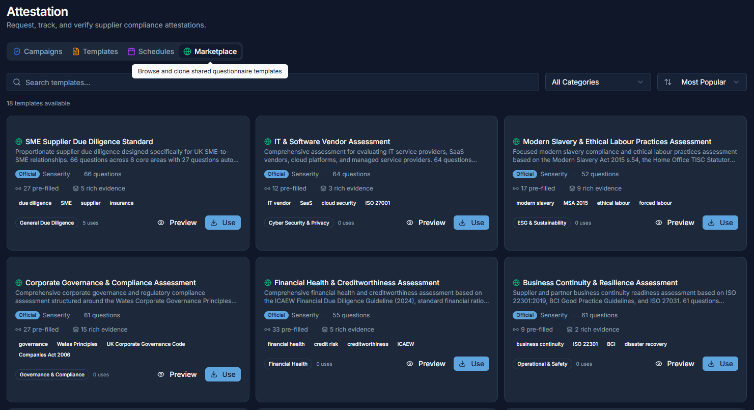 Attestation marketplace showing 18 supplier questionnaire templates covering due diligence, IT vendor assessment, Modern Slavery, and governance