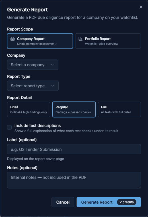 Generate Report dialog showing company selection, report type, detail level, and credit cost