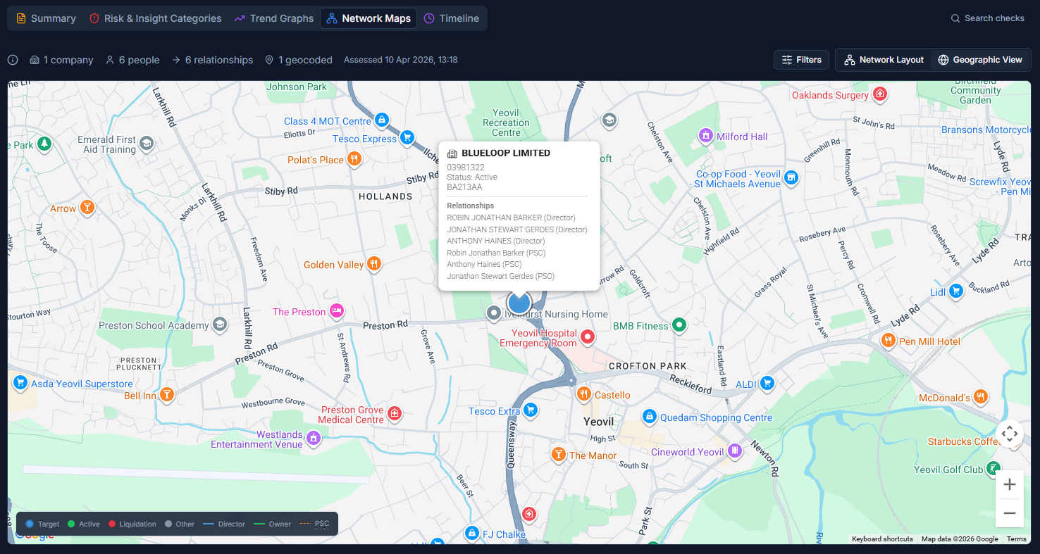Geographic view showing a target company on a map with director and PSC relationship details in a popup